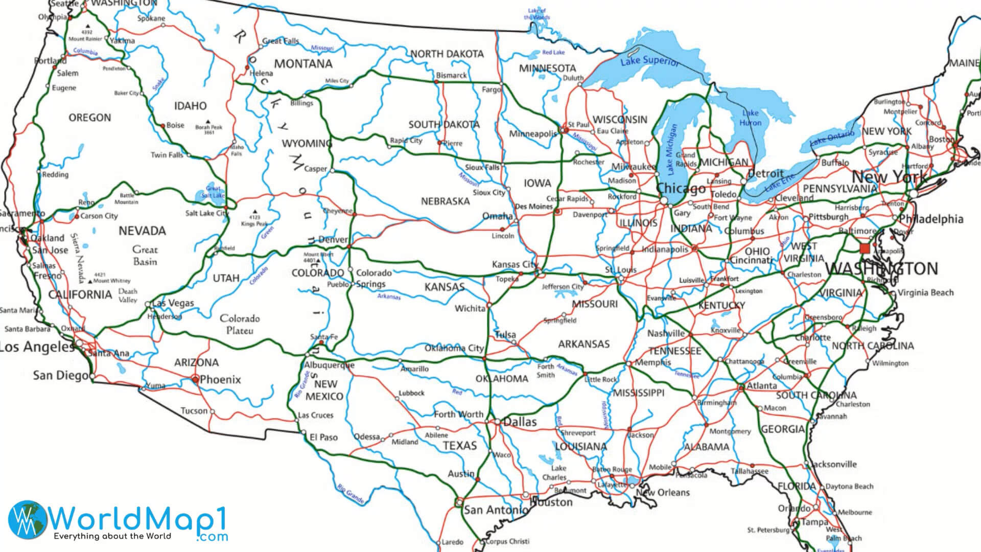 United States Map Rivers and Transportation